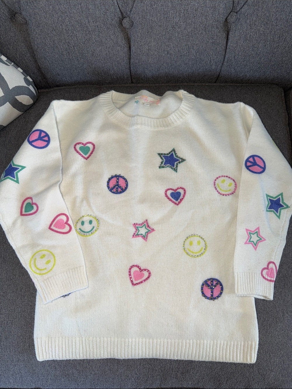 Truly Me White Sweater with Pink, Blue, Green & Yellow Patch Designs